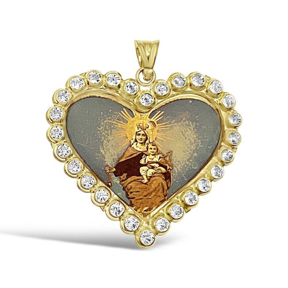 Virgin Mary Baby Jesus Pendant Lady Guadalupe 14k Yellow Gold Charm Heart CZ